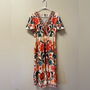 SHEIN Cream Midi Dress with Vibrant Floral Embroidery